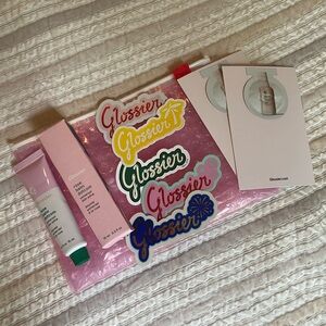 Glossier bundle: original rose balm dot calm, stickers, future dew sample, bag